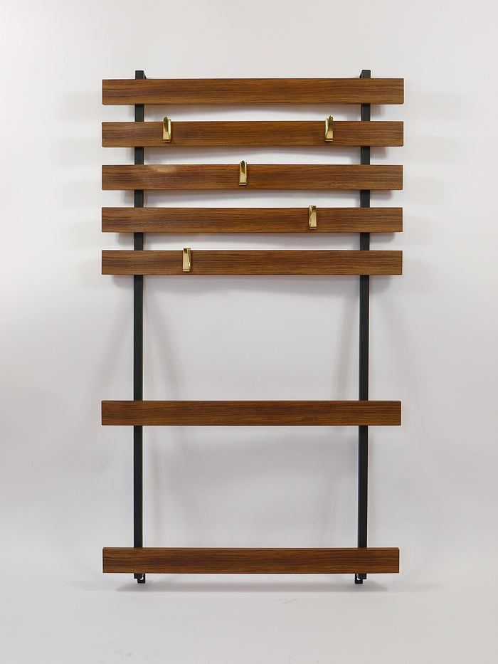 Carl Aubock Wall Coat Rack with 5 Brass Hooks, Walnut, Iron, Austria, 1950s
