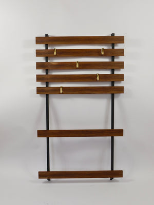 Carl Aubock Wall Coat Rack with 5 Brass Hooks, Walnut, Iron, Austria, 1950s