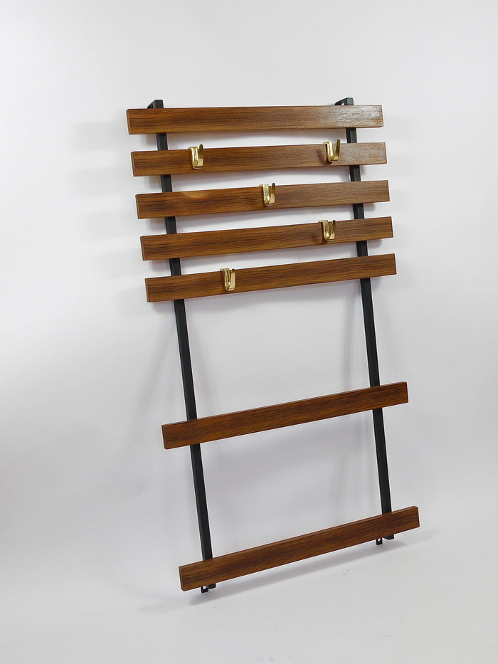 Carl Aubock Wall Coat Rack with 5 Brass Hooks, Walnut, Iron, Austria, 1950s