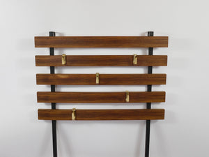 Carl Aubock Wall Coat Rack with 5 Brass Hooks, Walnut, Iron, Austria, 1950s