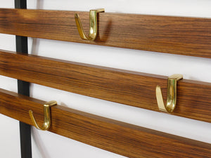 Carl Aubock Wall Coat Rack with 5 Brass Hooks, Walnut, Iron, Austria, 1950s