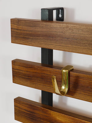Carl Aubock Wall Coat Rack with 5 Brass Hooks, Walnut, Iron, Austria, 1950s