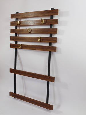 Carl Aubock Wall Coat Rack with 5 Brass Hooks, Walnut, Iron, Austria, 1950s