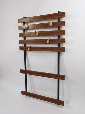 Carl Aubock Wall Coat Rack with 5 Brass Hooks, Walnut, Iron, Austria, 1950s