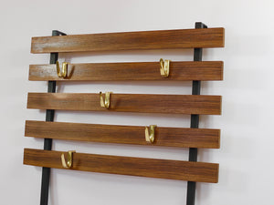 Carl Aubock Wall Coat Rack with 5 Brass Hooks, Walnut, Iron, Austria, 1950s