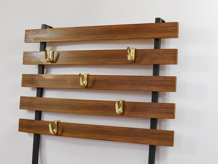 Carl Aubock Wall Coat Rack with 5 Brass Hooks, Walnut, Iron, Austria, 1950s