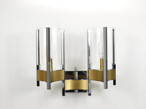 Gaetano Sciolari Zwei große Wandleuchten, Chrom, Messing, Glas, 1970er-Jahre
