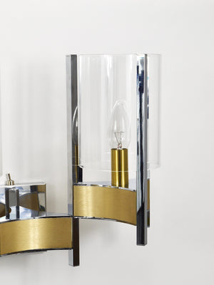 Gaetano Sciolari Zwei große Wandleuchten, Chrom, Messing, Glas, 1970er-Jahre