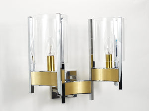 Gaetano Sciolari Zwei große Wandleuchten, Chrom, Messing, Glas, 1970er-Jahre