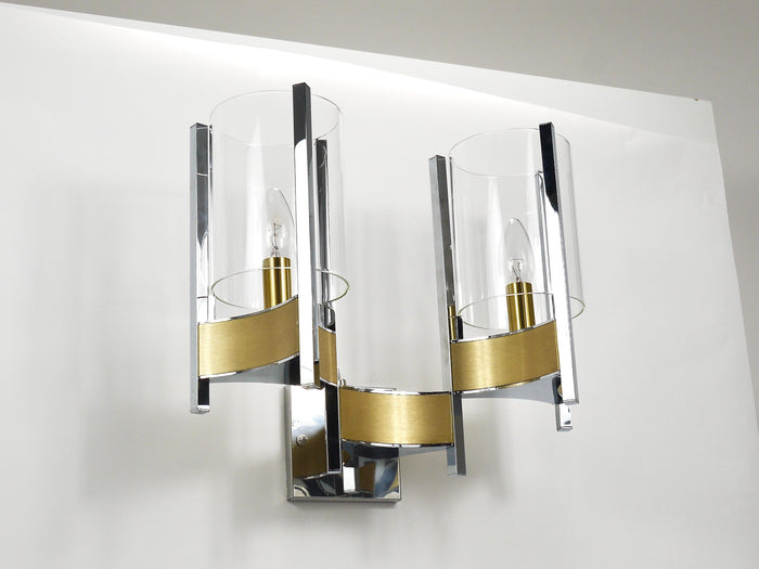 Gaetano Sciolari Pair Large Wall Lights / Sconces, Chrome, Brass, Glass, 1970s
