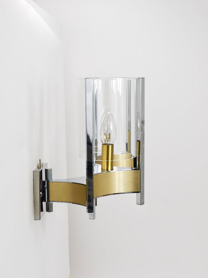 Gaetano Sciolari Pair Large Wall Lights / Sconces, Chrome, Brass, Glass, 1970s