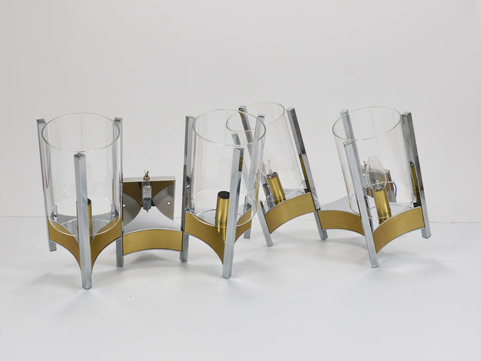 Gaetano Sciolari Pair Large Wall Lights / Sconces, Chrome, Brass, Glass, 1970s