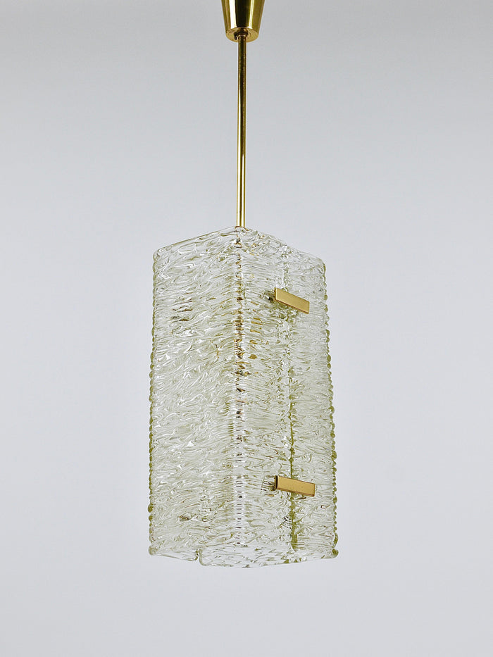J.T. Kalmar Rectangular Textured Glass & Brass Chandelier, Pendant Lamp, 1950s