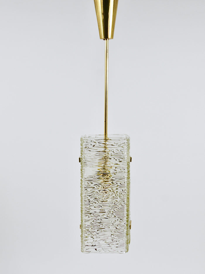 J.T. Kalmar Rectangular Textured Glass & Brass Chandelier, Pendant Lamp, 1950s