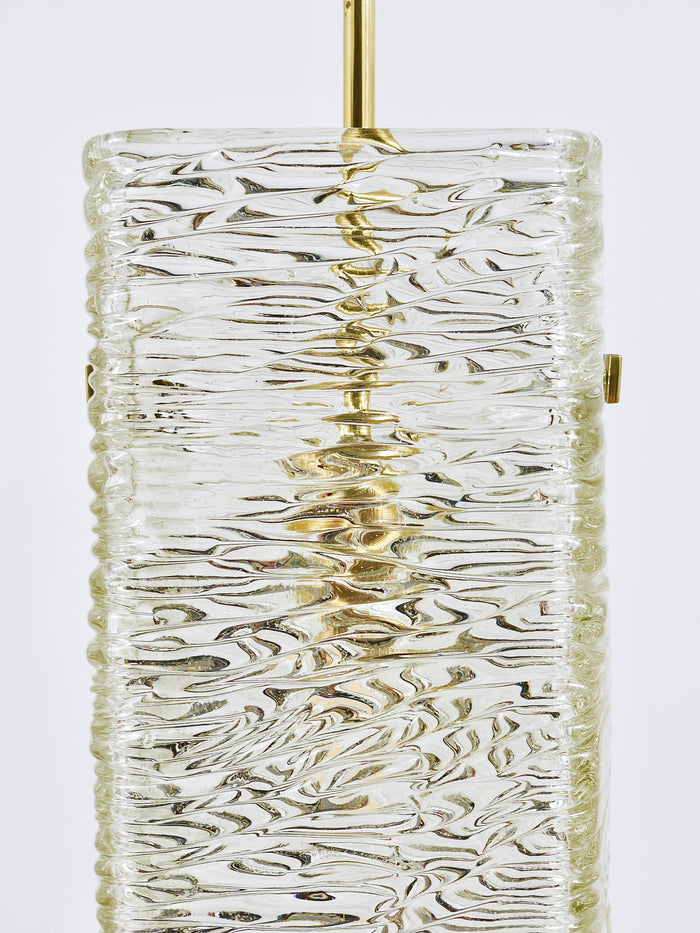 J.T. Kalmar Rectangular Textured Glass & Brass Chandelier, Pendant Lamp, 1950s