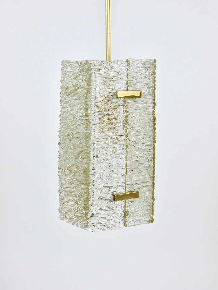 J.T. Kalmar Rectangular Textured Glass & Brass Chandelier, Pendant Lamp, 1950s