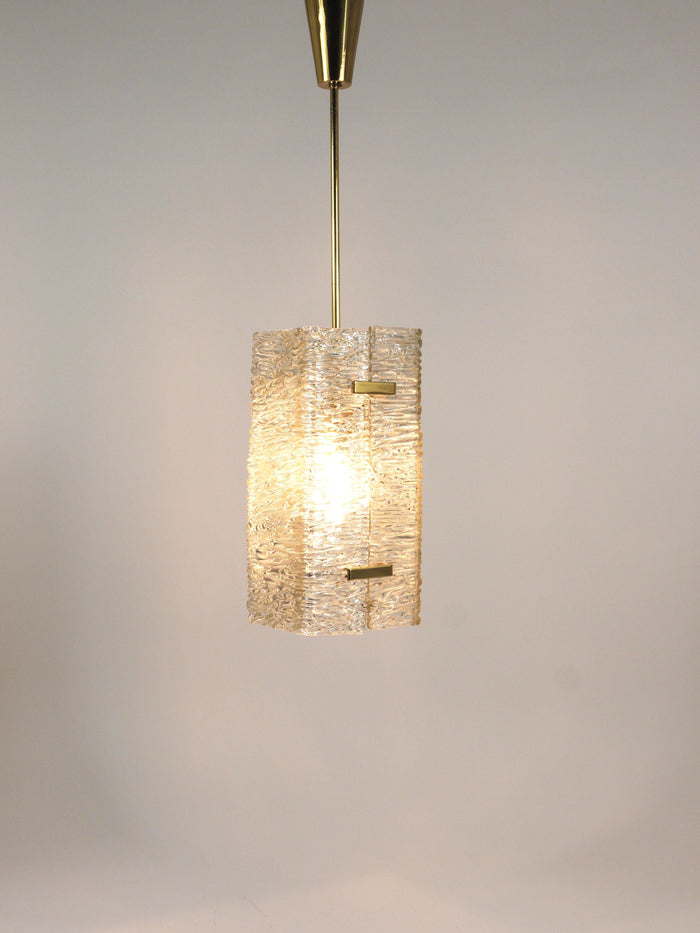 J.T. Kalmar Rectangular Textured Glass & Brass Chandelier, Pendant Lamp, 1950s