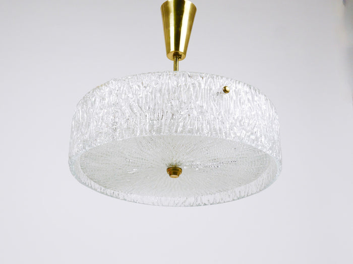 J.T. Kalmar Round Textured Glass Ring & Brass Chandelier, Pendant Lamp, 1950s