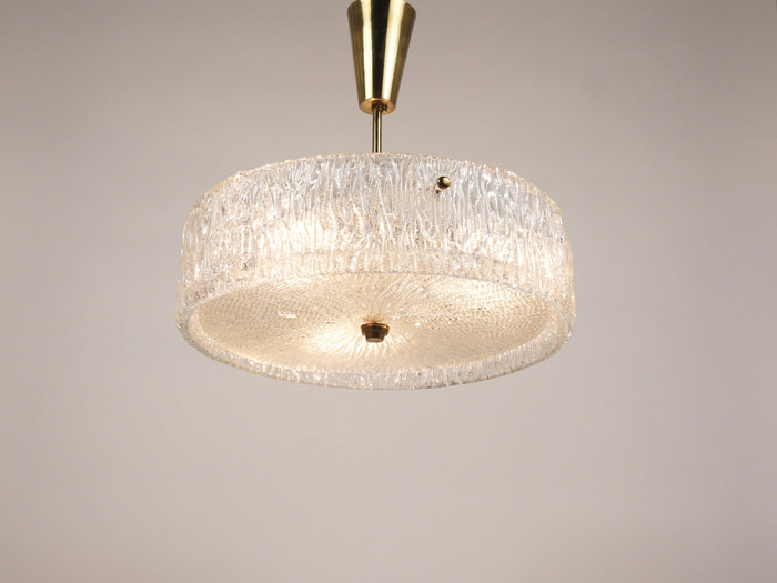 J.T. Kalmar Round Textured Glass Ring & Brass Chandelier, Pendant Lamp, 1950s