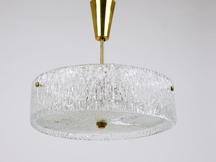 J.T. Kalmar Round Textured Glass Ring & Brass Chandelier, Pendant Lamp, 1950s