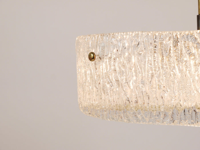 J.T. Kalmar Round Textured Glass Ring & Brass Chandelier, Pendant Lamp, 1950s