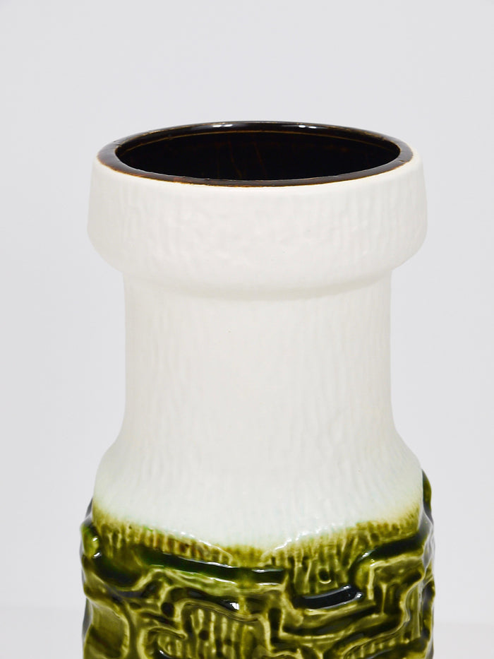 Tall Brutalist Op-Art Green & White Terracotta Floor Vase, Austria, 1970s