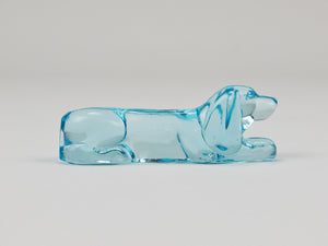 6 French Art Deco Dachshund Basset Hound Knife Rests, Light Blue Glass, 1930s