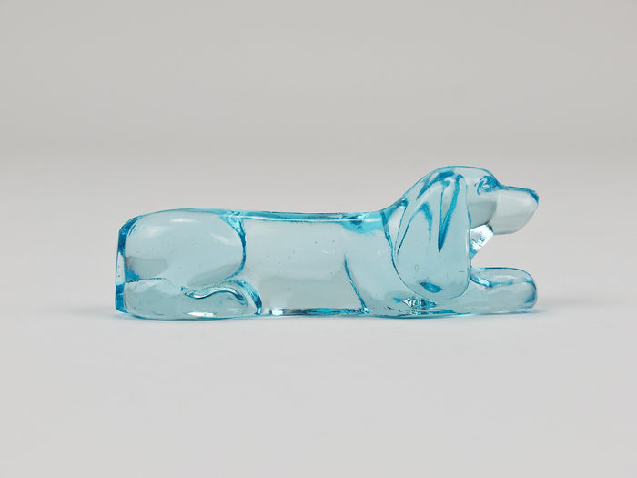 6 French Art Deco Dachshund Basset Hound Knife Rests, Light Blue Glass, 1930s