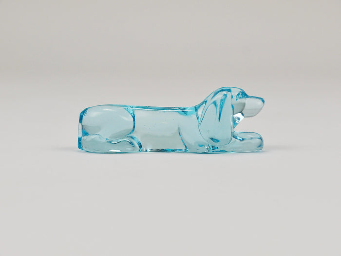 6 French Art Deco Dachshund Basset Hound Knife Rests, Light Blue Glass, 1930s