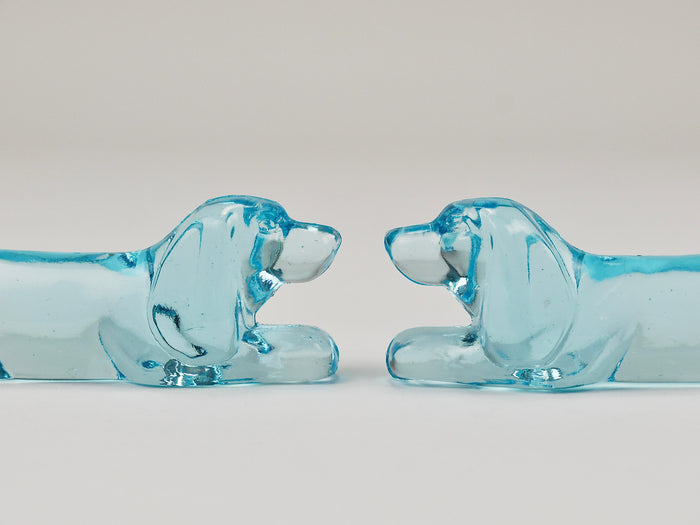 6 French Art Deco Dachshund Basset Hound Knife Rests, Light Blue Glass, 1930s