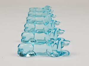 6 French Art Deco Dachshund Basset Hound Knife Rests, Light Blue Glass, 1930s