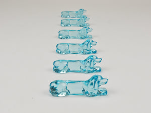 6 French Art Deco Dachshund Basset Hound Knife Rests, Light Blue Glass, 1930s
