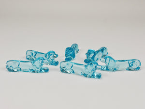 6 French Art Deco Dachshund Basset Hound Knife Rests, Light Blue Glass, 1930s