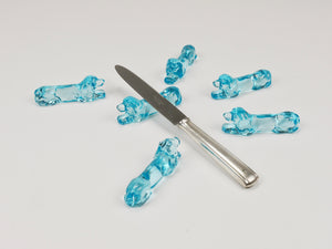 6 French Art Deco Dachshund Basset Hound Knife Rests, Light Blue Glass, 1930s