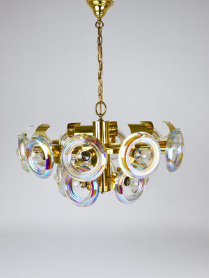 Grand lustre en laiton Oscar Torlasco, anneaux de verre optique arc-en-ciel, Italie, années 1970