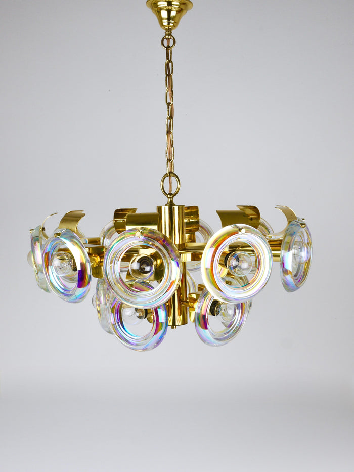 Oscar Torlasco Large Brass Chandelier, Optical Rainbow Glass Rings, Italy, 1970s