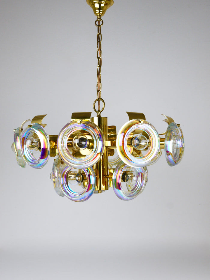 Oscar Torlasco Large Brass Chandelier, Optical Rainbow Glass Rings, Italy, 1970s