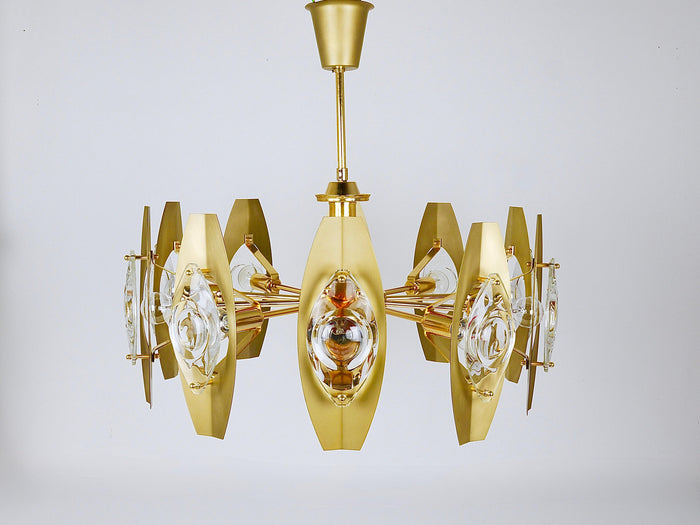 Oscar Torlasco 25“ Brass Chandelier with Optical Prism Lenses, Italy, 1970s