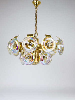 Grand lustre en laiton Oscar Torlasco, anneaux de verre optique arc-en-ciel, Italie, années 1970