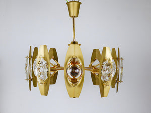 Lustre en laiton Oscar Torlasco 25 in avec lentilles prismatiques optiques, Italie, années 1970