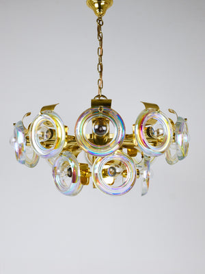 Grand lustre en laiton Oscar Torlasco, anneaux de verre optique arc-en-ciel, Italie, années 1970
