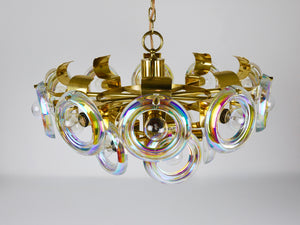 Grand lustre en laiton Oscar Torlasco, anneaux de verre optique arc-en-ciel, Italie, années 1970