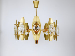 Lustre en laiton Oscar Torlasco 25 in avec lentilles prismatiques optiques, Italie, années 1970