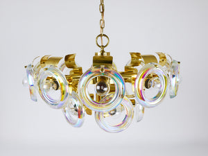 Grand lustre en laiton Oscar Torlasco, anneaux de verre optique arc-en-ciel, Italie, années 1970