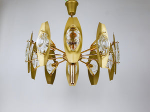 Lustre en laiton Oscar Torlasco 25 in avec lentilles prismatiques optiques, Italie, années 1970