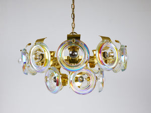 Grand lustre en laiton Oscar Torlasco, anneaux de verre optique arc-en-ciel, Italie, années 1970