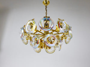 Grand lustre en laiton Oscar Torlasco, anneaux de verre optique arc-en-ciel, Italie, années 1970