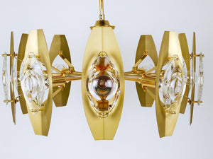 Lustre en laiton Oscar Torlasco 25 in avec lentilles prismatiques optiques, Italie, années 1970