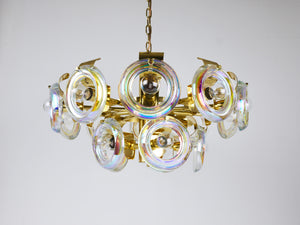 Grand lustre en laiton Oscar Torlasco, anneaux de verre optique arc-en-ciel, Italie, années 1970