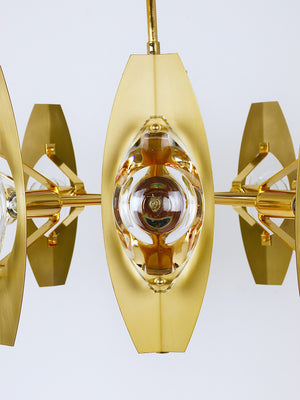 Lustre en laiton Oscar Torlasco 25 in avec lentilles prismatiques optiques, Italie, années 1970